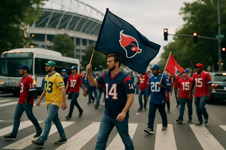 Fans walk toward a city ballpark entrance along a busy sidewalk