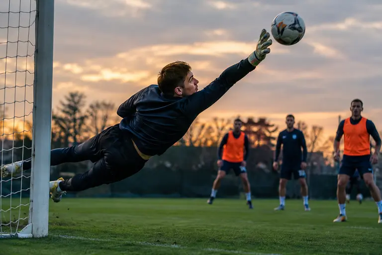 A goalkeeper and defenders prepare for a set-piece drill