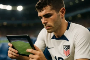 USMNT Performance Analysis scene with players regrouping during an international match